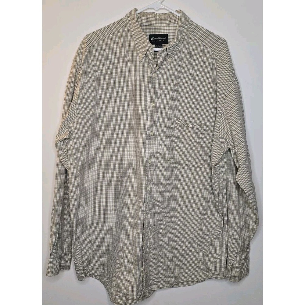 Eddie Bauer Shirt Mens XL Tall Beige Plaid Button‎ Down Collar Chest Pocket